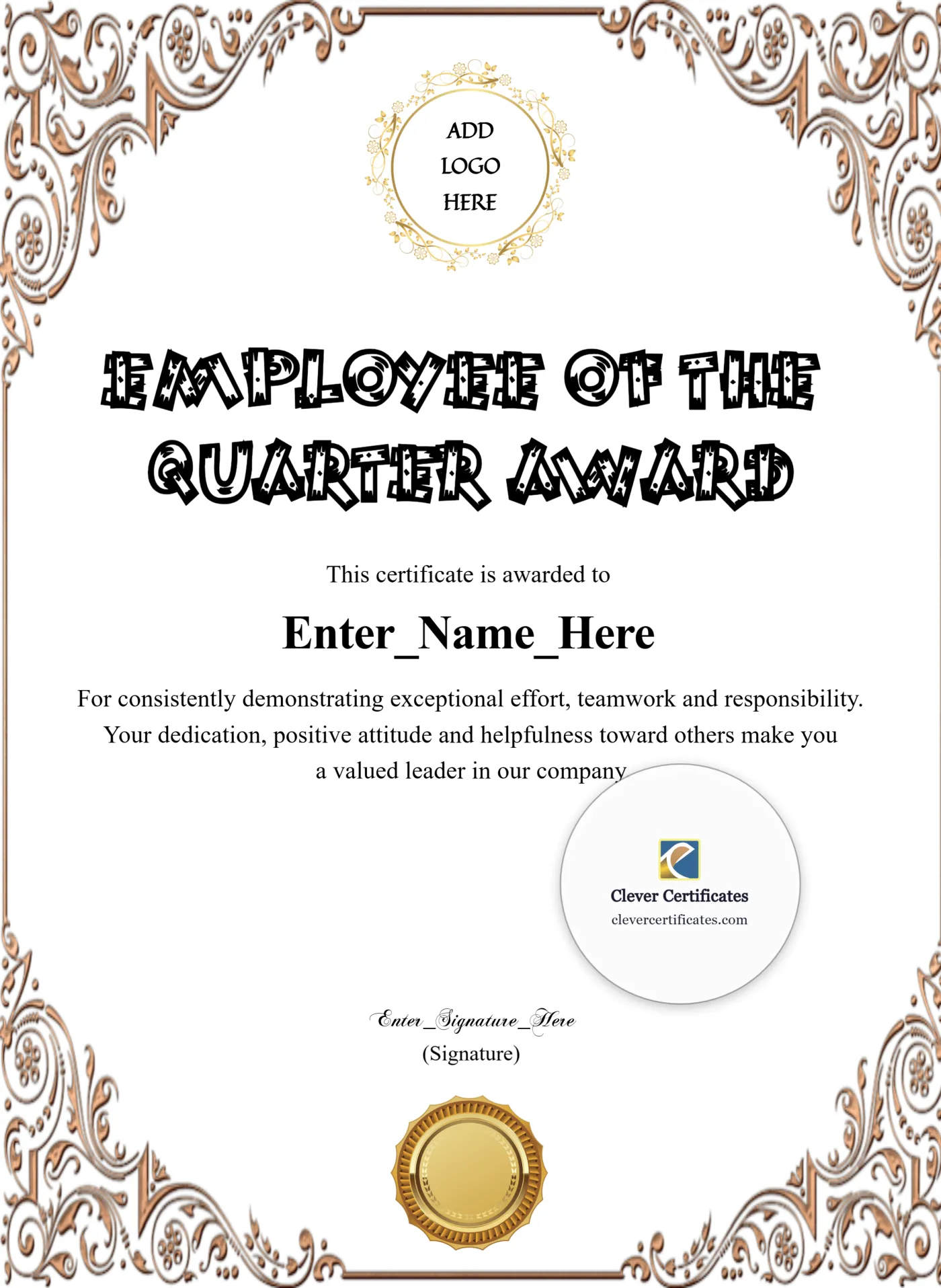 Printable Certificate Of Employee Of The Quarter Portrait — Certificate Template Preview