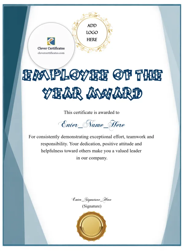 Employee Of The Year Award Portrait — Certificate Template Preview