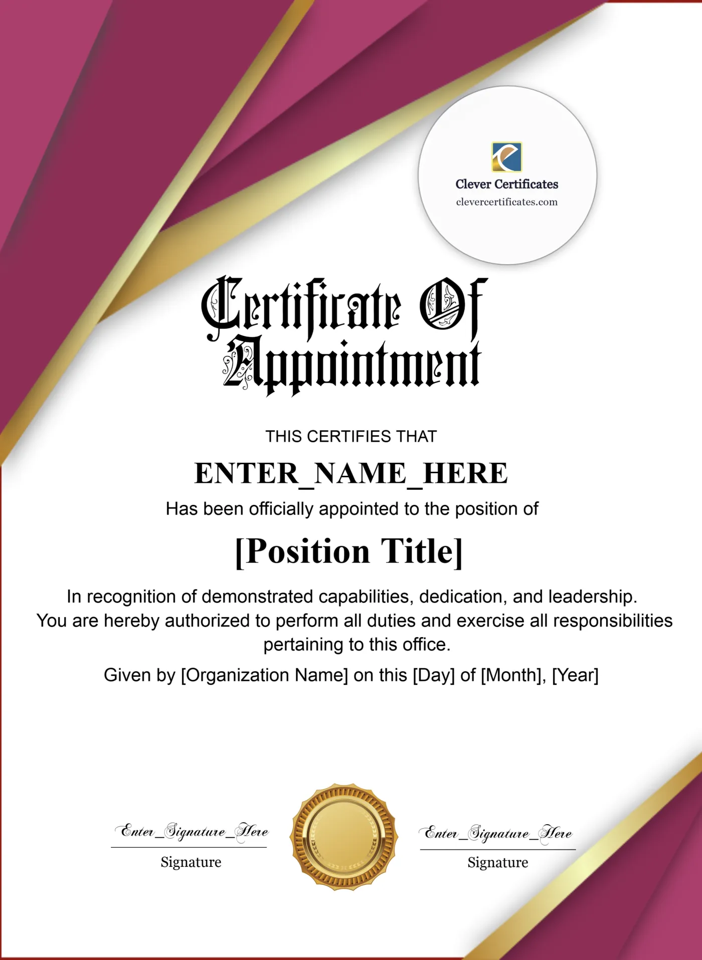 Employee Appointment Certificate Portrait — Certificate Template Preview