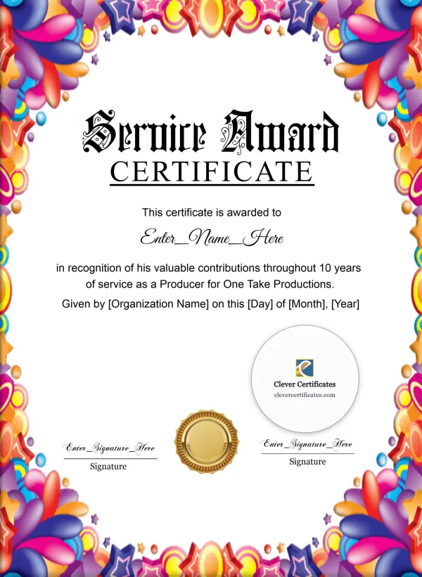 Years Of Service Award Certificate Portrait — Certificate Template Preview