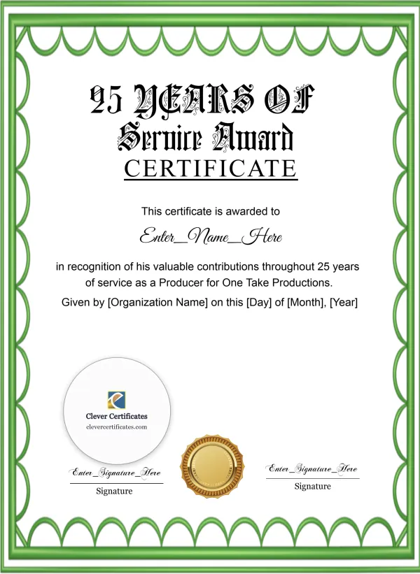 Free 25 Years of Service Certificate — Green Scallop Portrait