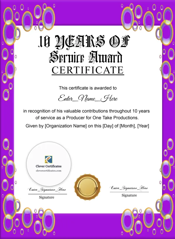 Certificate Of 10 Years Of Service Portrait — Certificate Template Preview