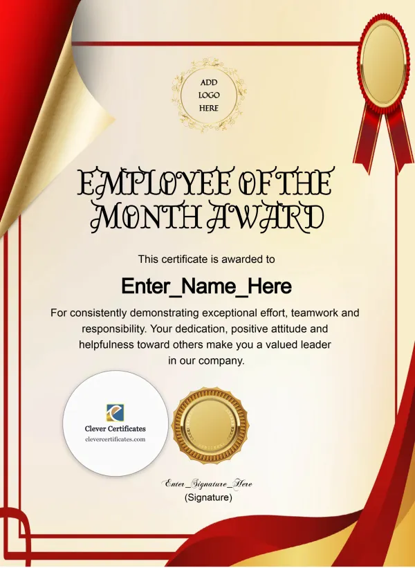 Recognition Best Employee Of The Month Portrait — Certificate Template Preview
