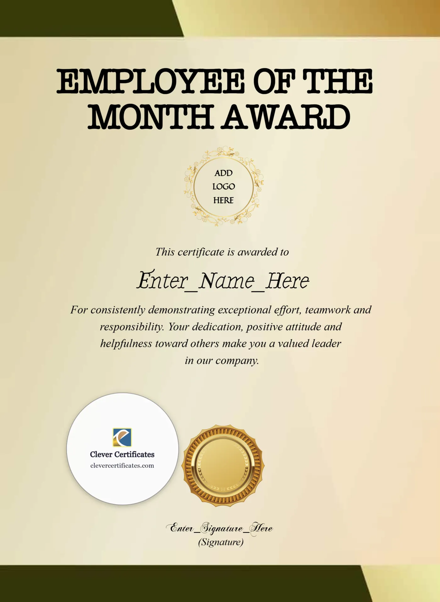 Printable Employee Of The Month Award Certificate Portrait — Certificate Template Preview