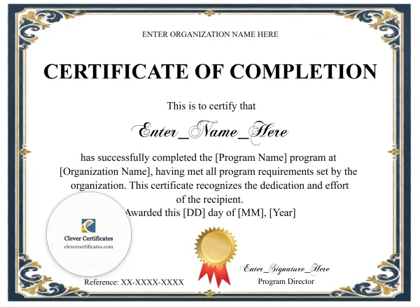 Free Program Completion Certificate — Navy Filigree Formal Landscape