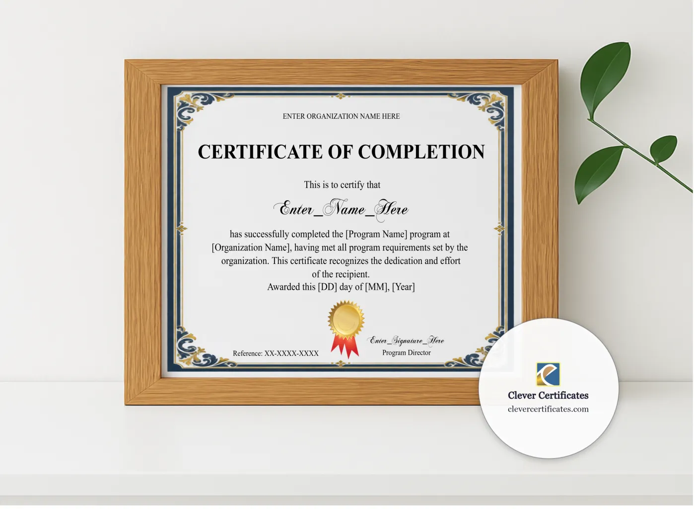 Realistic mockup featuring Program Completion Certificate Navy Filigree Formal Landscape displayed within a modern frame, set against a minimalistic background.