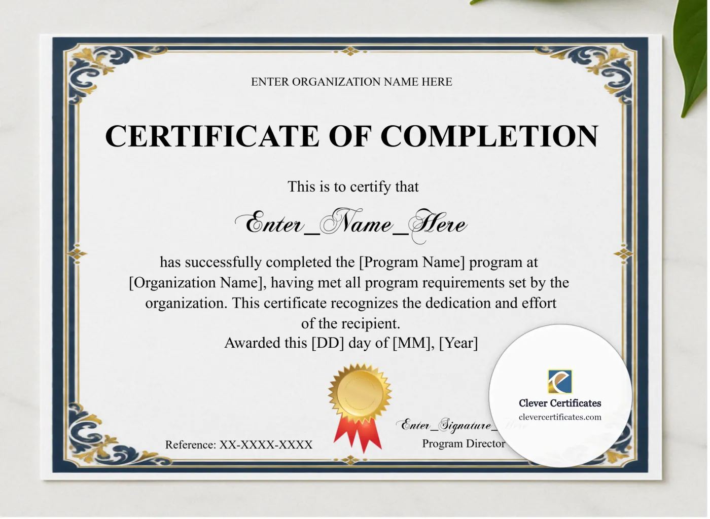 Program Completion Certificate Navy Filigree Formal Landscape presented in a sleek wooden frame, elegantly arranged on a stylish table.