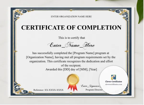 Program Completion Certificate Navy Filigree Formal Landscape presented in a sleek wooden frame, elegantly arranged on a stylish table.