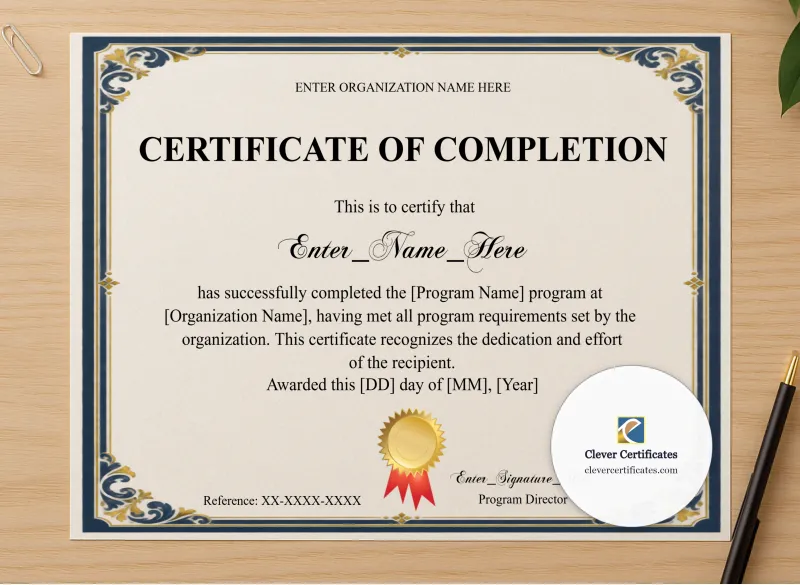 Professional preview of Program Completion Certificate Navy Filigree Formal Landscape certificate on high-quality stationery paper, ideal for showcasing the final look.