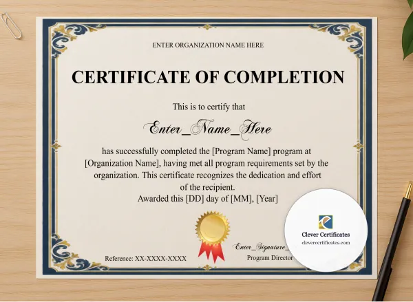 Professional preview of Program Completion Certificate Navy Filigree Formal Landscape certificate on high-quality stationery paper, ideal for showcasing the final look.