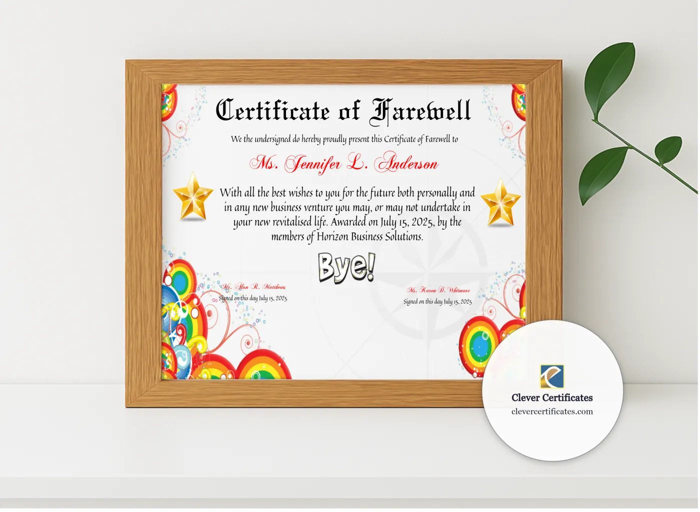 Realistic mockup featuring Certificate Of Farewell displayed within a modern frame, set against a minimalistic background.