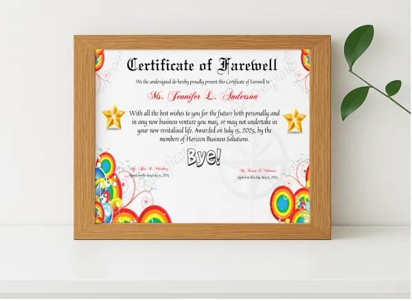 Realistic mockup featuring Certificate Of Farewell displayed within a modern frame, set against a minimalistic background.