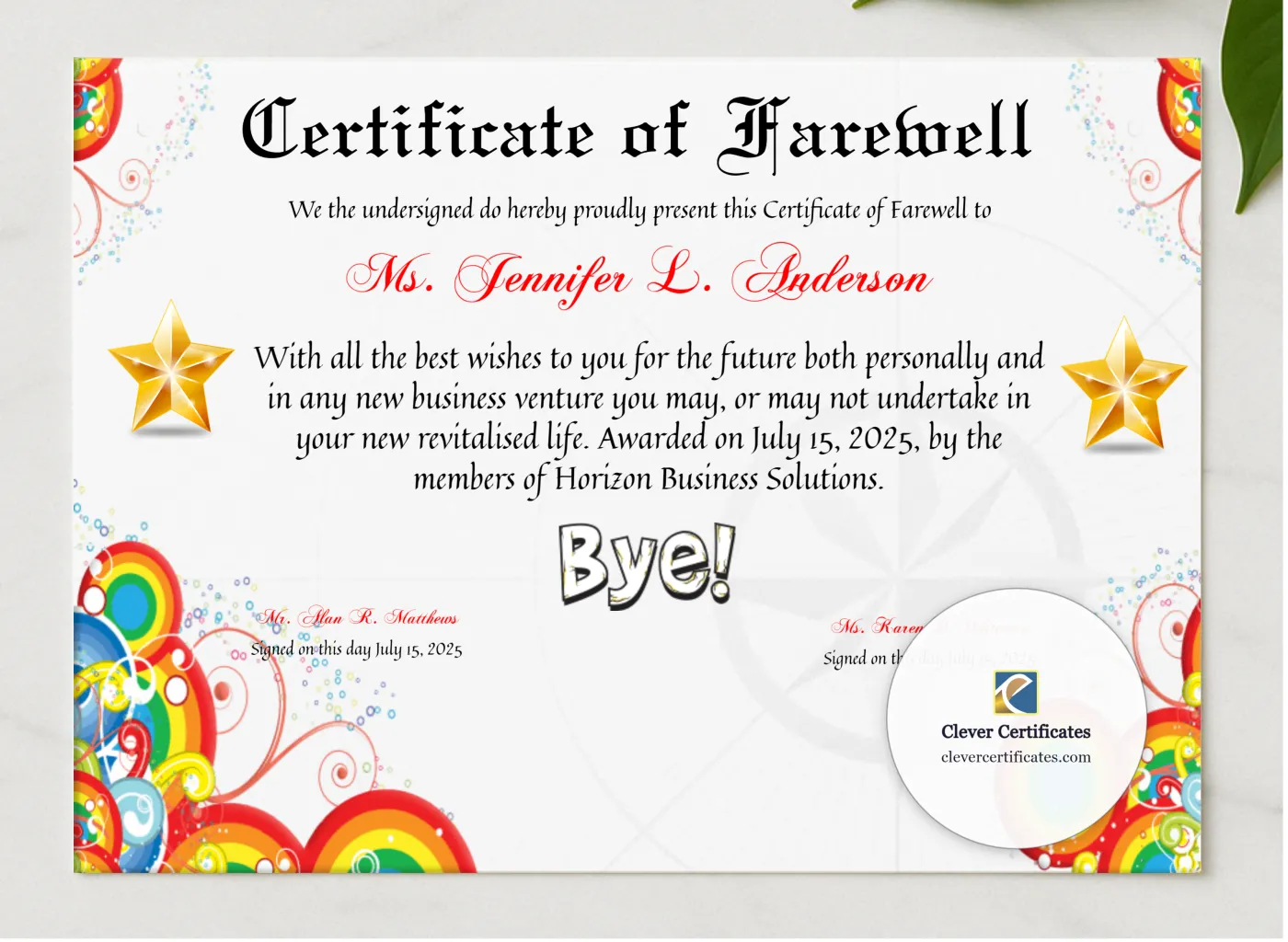 Certificate Of Farewell presented in a sleek wooden frame, elegantly arranged on a stylish table.