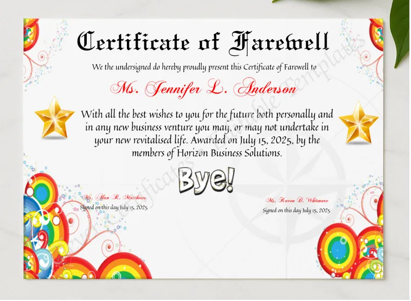 Certificate Of Farewell presented in a sleek wooden frame, elegantly arranged on a stylish table.