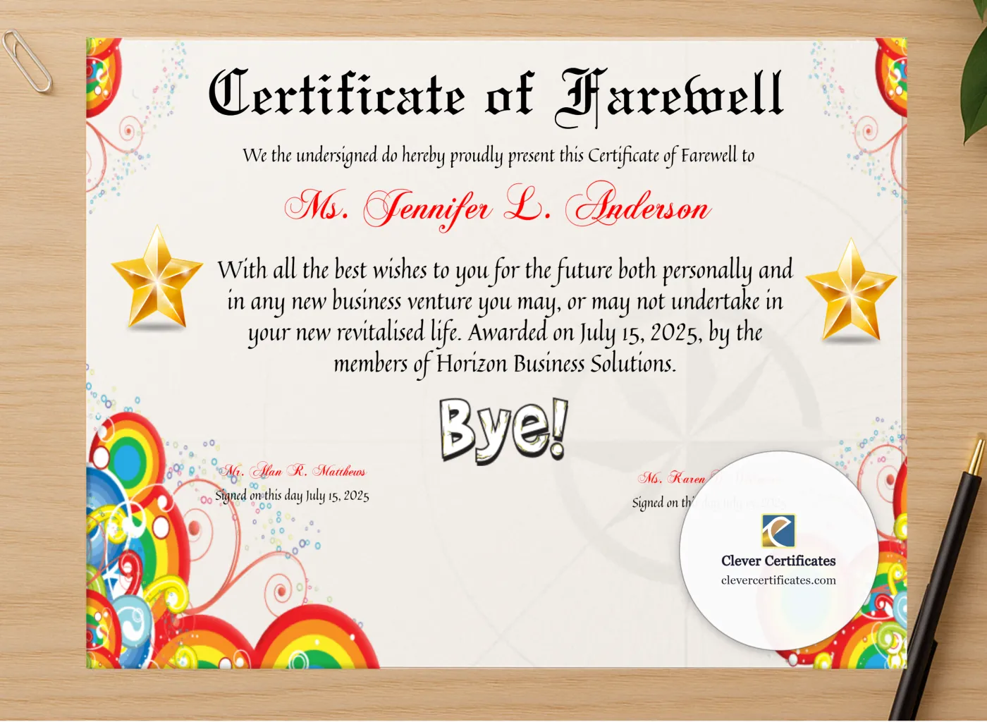 Professional preview of Certificate Of Farewell certificate on high-quality stationery paper, ideal for showcasing the final look.