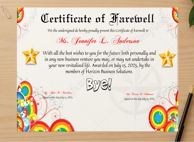 Professional preview of Certificate Of Farewell certificate on high-quality stationery paper, ideal for showcasing the final look.
