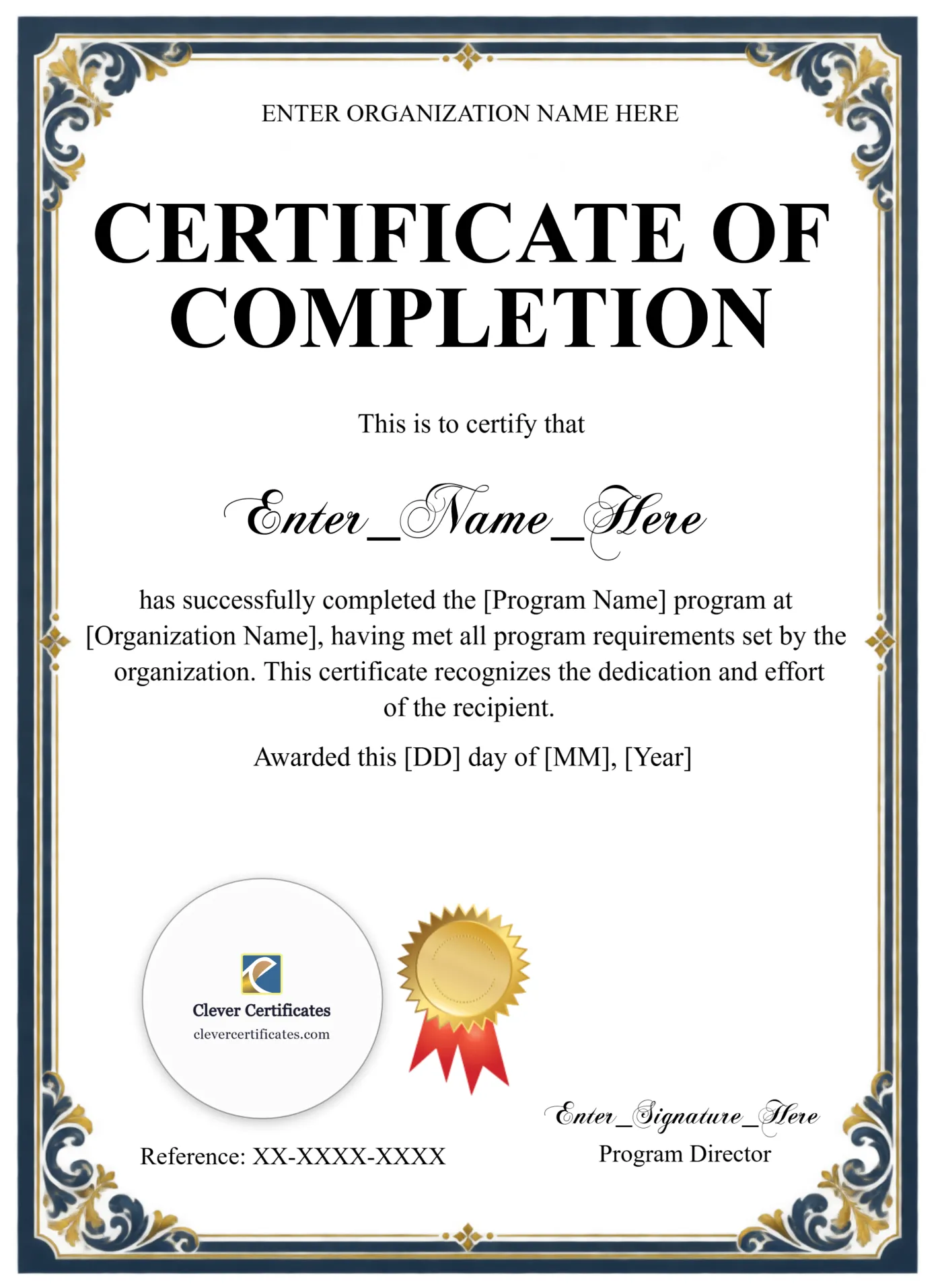 Program Completion Certificate Navy Filigree Formal Portrait — Certificate Template Preview