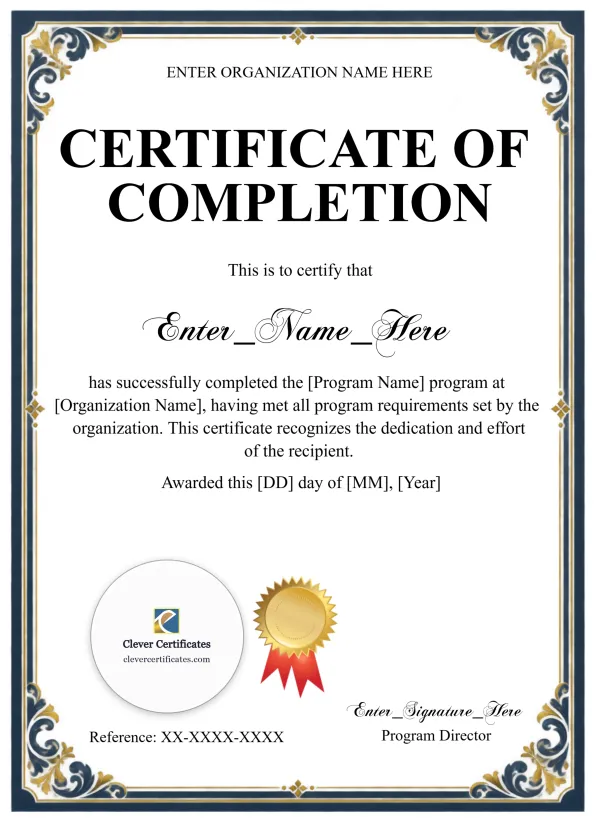 Program Completion Certificate Navy Filigree Formal Portrait — Certificate Template Preview