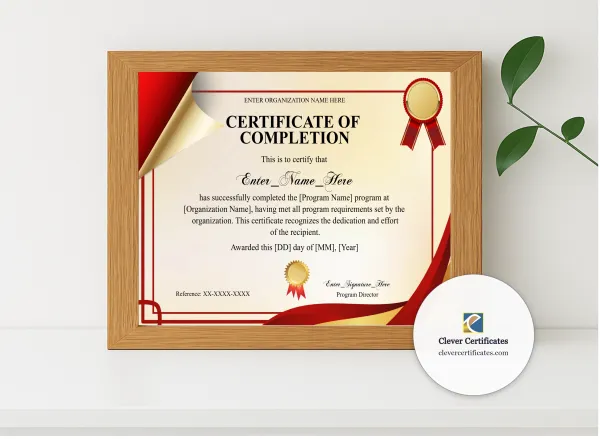 Realistic mockup featuring Program Completion Certificate Burgundy Filigree Formal Landscape displayed within a modern frame, set against a minimalistic background.