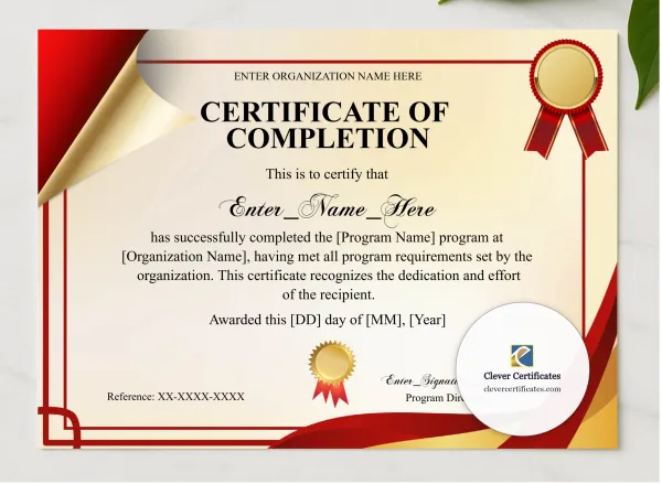 Program Completion Certificate Burgundy Filigree Formal Landscape presented in a sleek wooden frame, elegantly arranged on a stylish table.