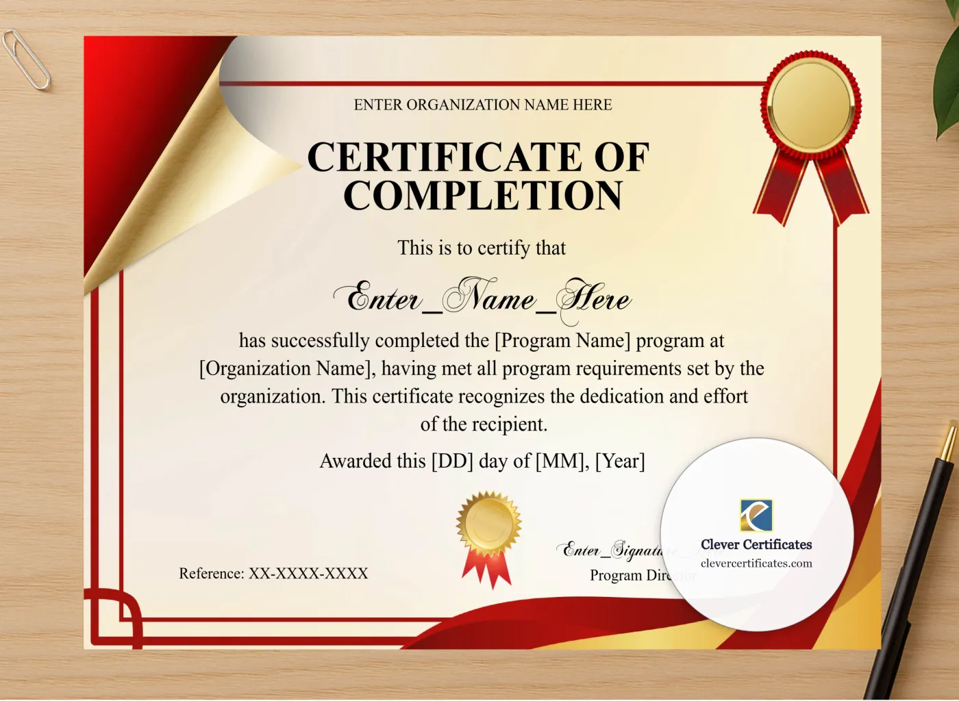 Professional preview of Program Completion Certificate Burgundy Filigree Formal Landscape certificate on high-quality stationery paper, ideal for showcasing the final look.