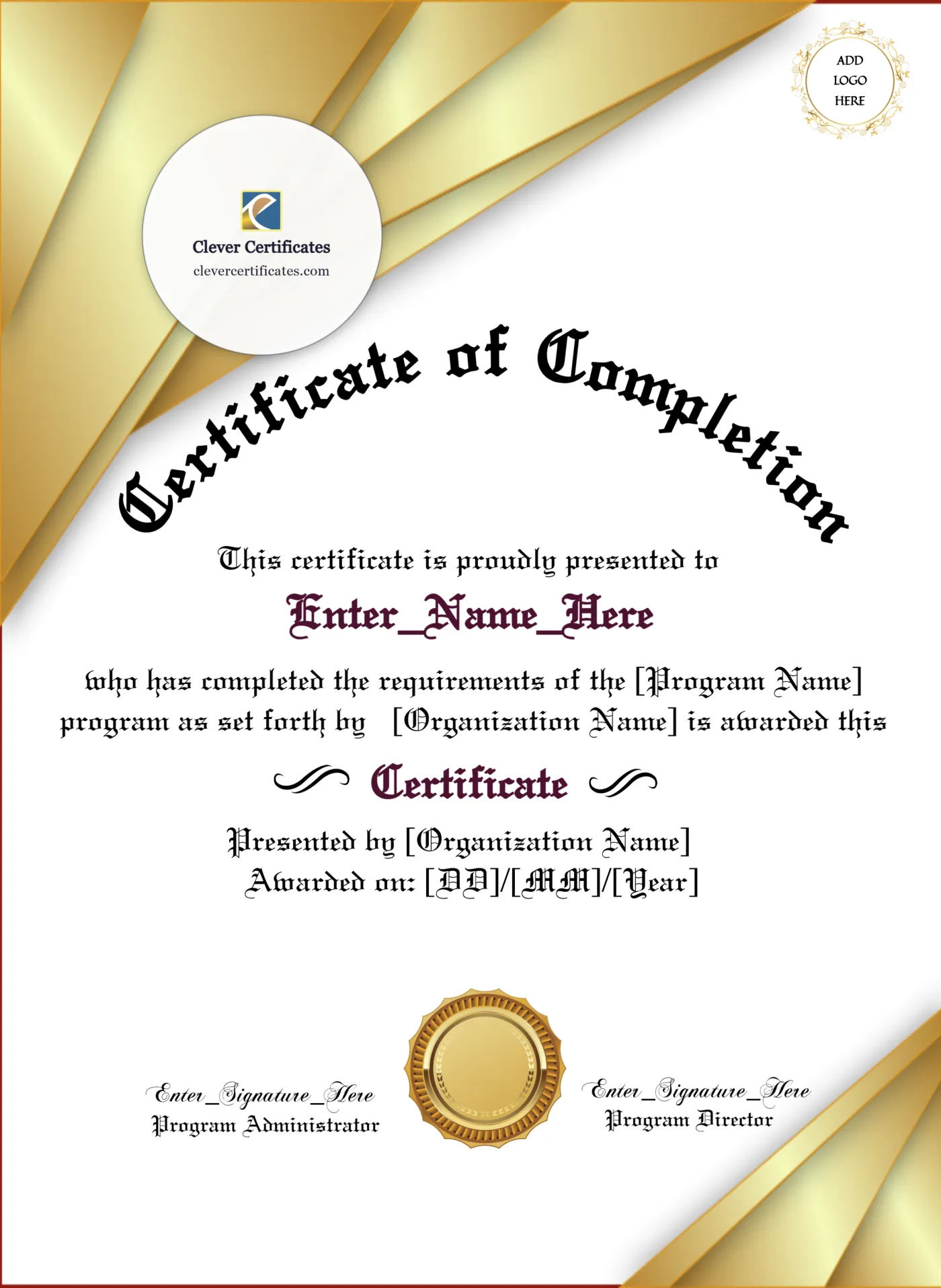 Program Completion Certificate Typewriter Gold Seal Portrait — Certificate Template Preview