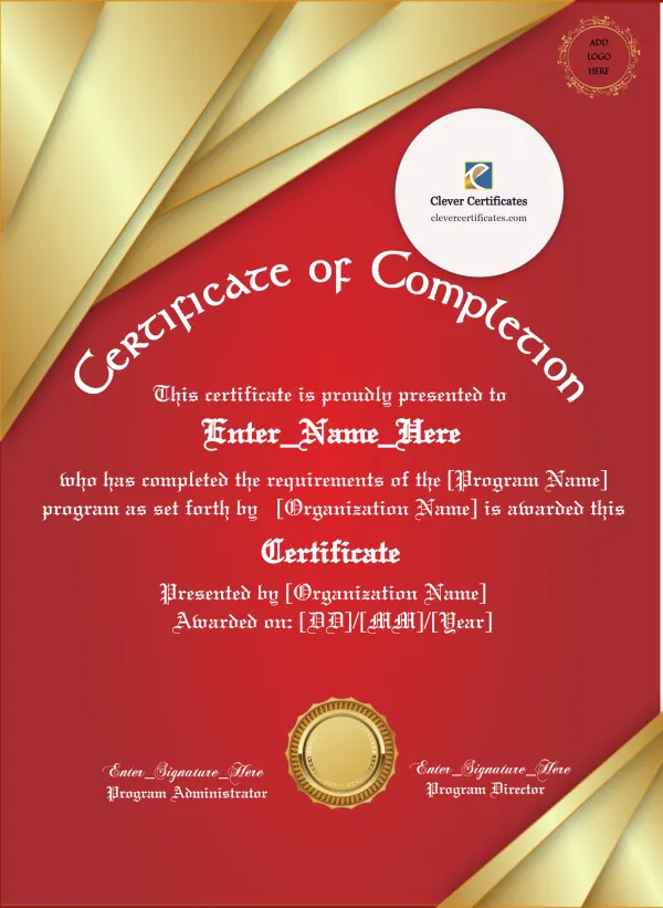 Program Completion Certificate Gold Lines Red Seal Portrait — Certificate Template Preview