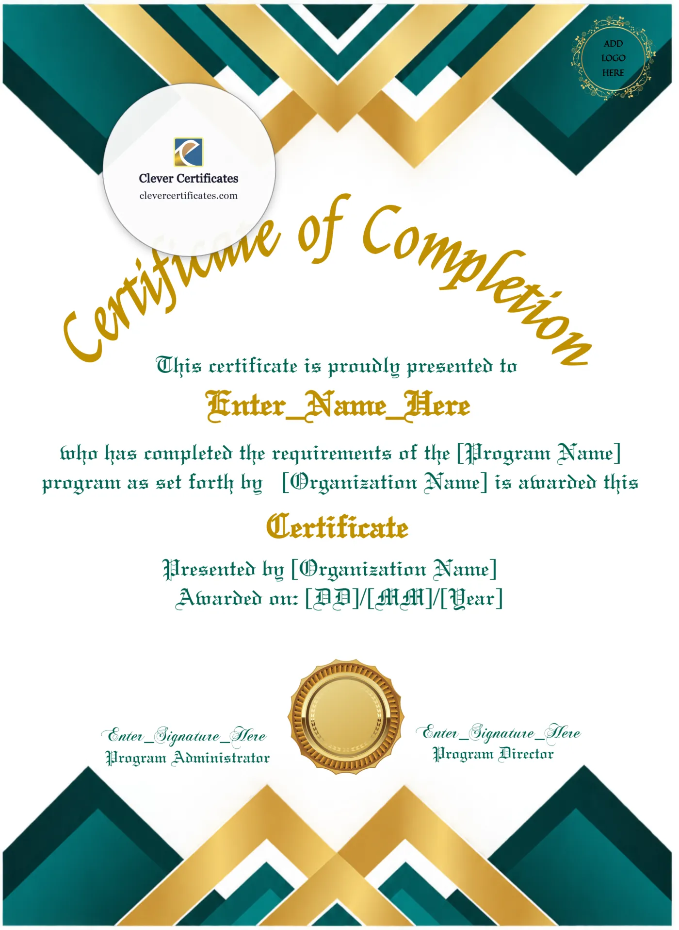 Program Completion Certificate Two Signature Gold Seal Portrait — Certificate Template Preview