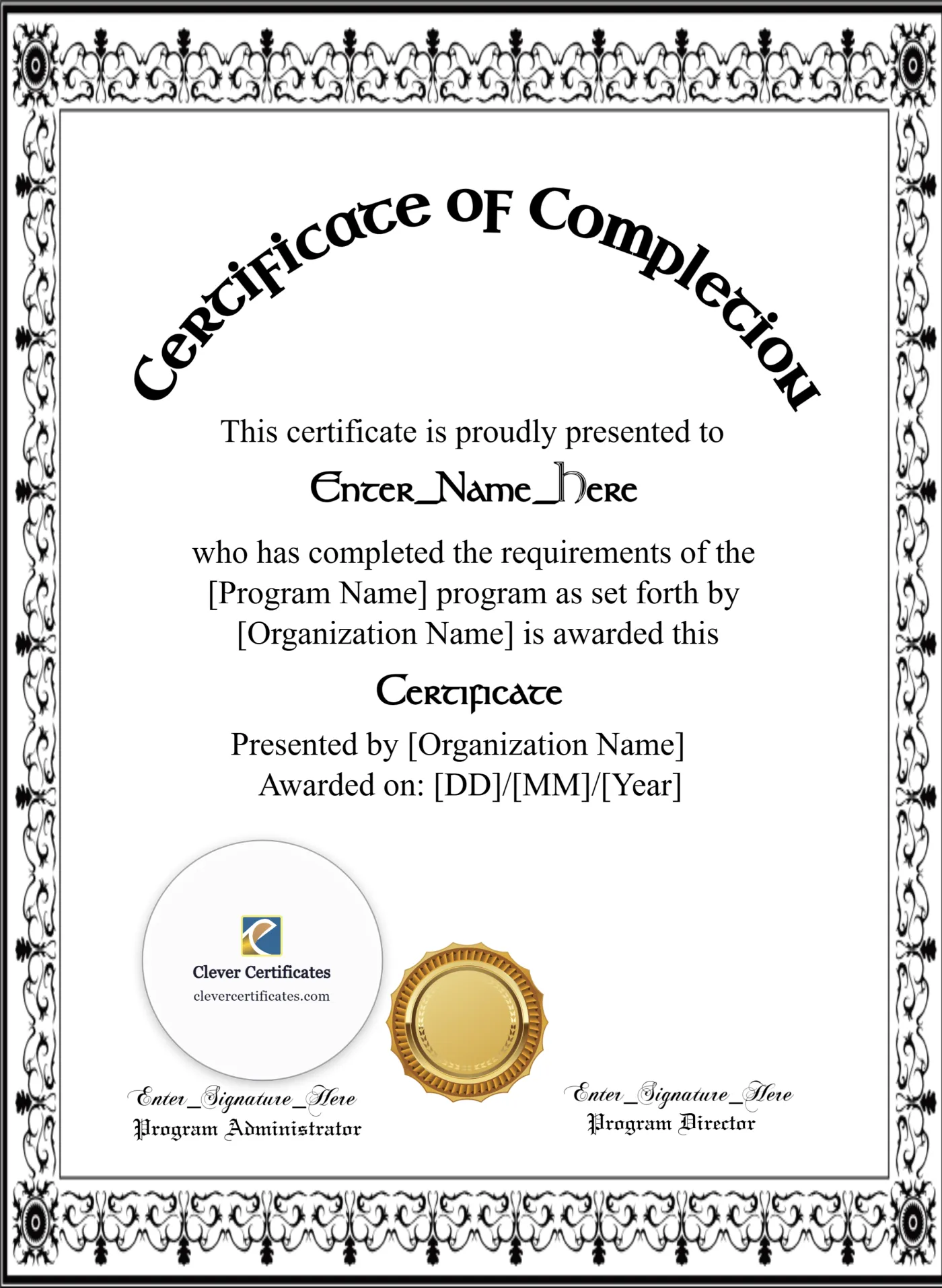 Program Completion Certificate Geometric Blackletter Portrait — Certificate Template Preview