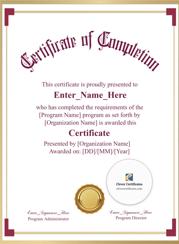 Free Program Completion Certificate — Burgundy Corners Portrait
