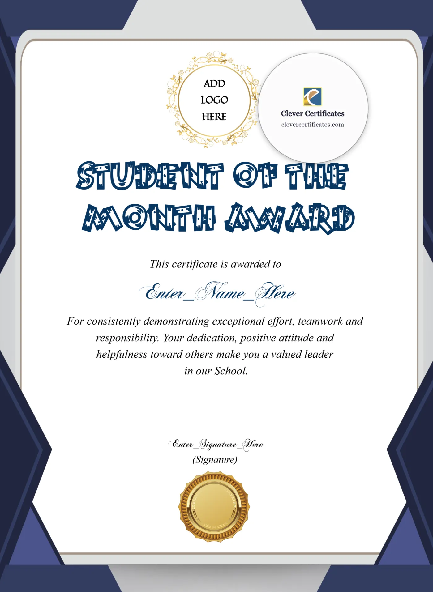 Middle School Student Of The Month Certificate — Certificate Template Preview