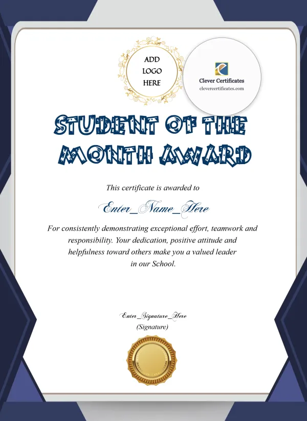 Free Middle School Student of the Month Certificate — Navy Frame Portrait