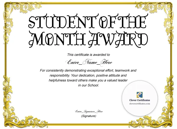 Free Middle School Student of the Month Certificate — Gold Ornate Landscape