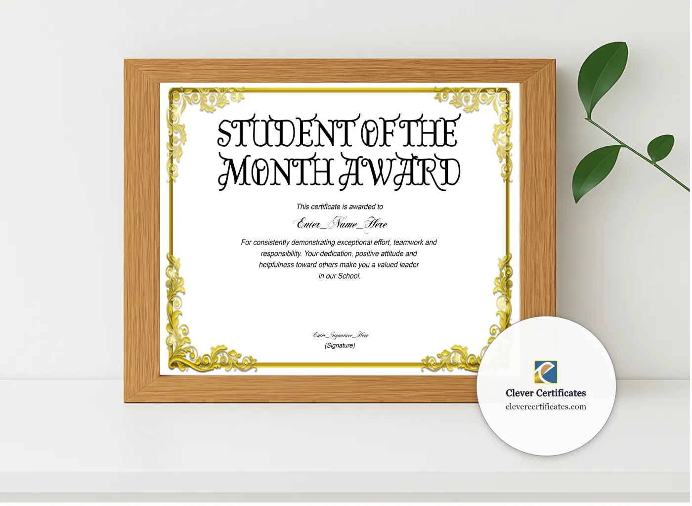 Realistic mockup featuring Middle School Student Of The Month Certificate Landscape displayed within a modern frame, set against a minimalistic background.