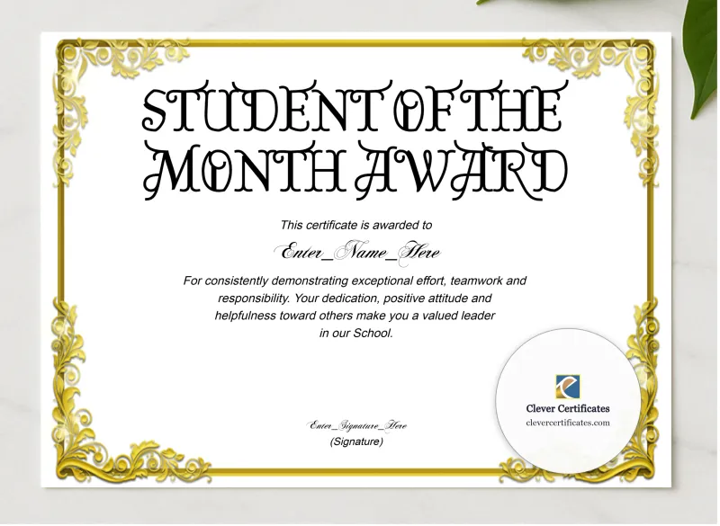 Middle School Student Of The Month Certificate Landscape presented in a sleek wooden frame, elegantly arranged on a stylish table.