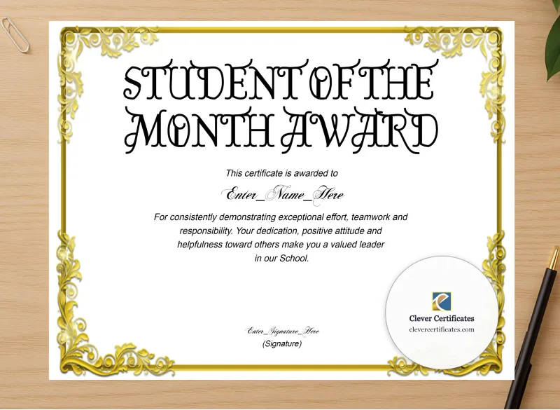Professional preview of Middle School Student Of The Month Certificate Landscape certificate on high-quality stationery paper, ideal for showcasing the final look.
