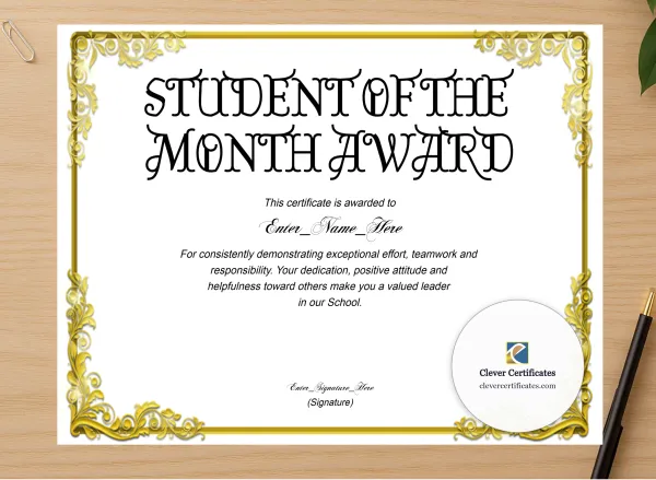 Professional preview of Middle School Student Of The Month Certificate Landscape certificate on high-quality stationery paper, ideal for showcasing the final look.