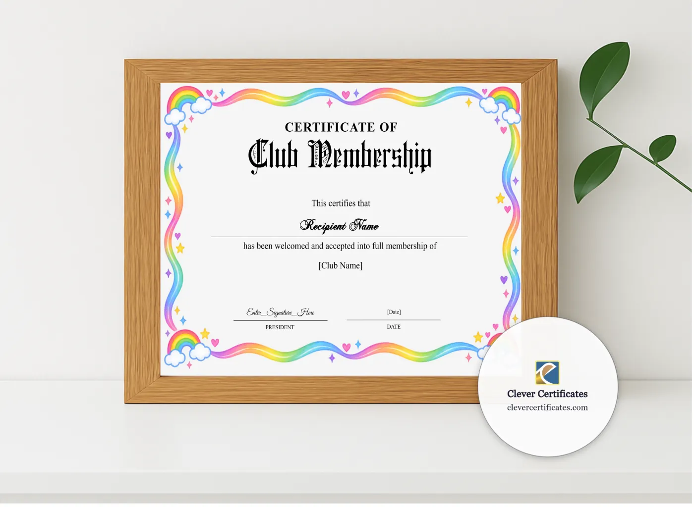 Realistic mockup featuring Club Membership Certificate displayed within a modern frame, set against a minimalistic background.