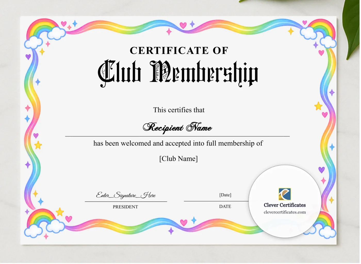 Club Membership Certificate presented in a sleek wooden frame, elegantly arranged on a stylish table.