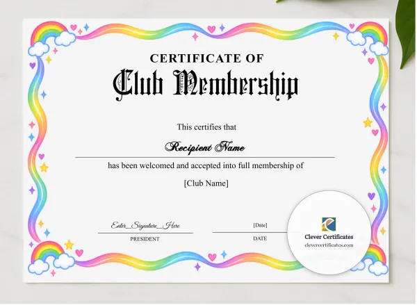Club Membership Certificate presented in a sleek wooden frame, elegantly arranged on a stylish table.