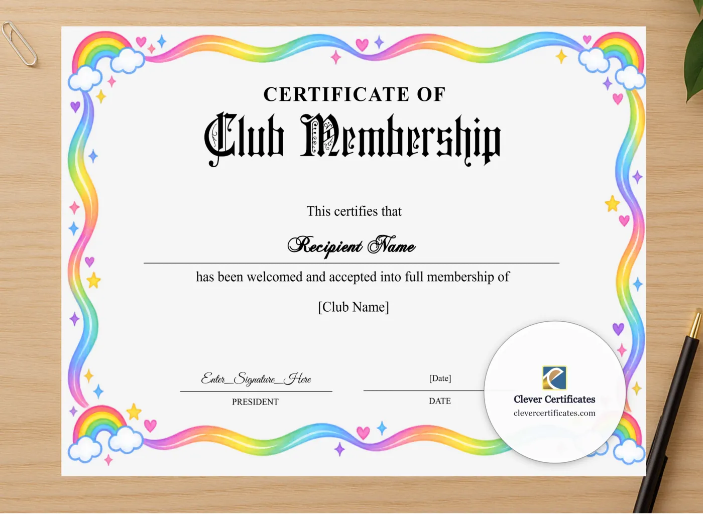 Professional preview of Club Membership Certificate certificate on high-quality stationery paper, ideal for showcasing the final look.