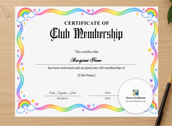 Professional preview of Club Membership Certificate certificate on high-quality stationery paper, ideal for showcasing the final look.