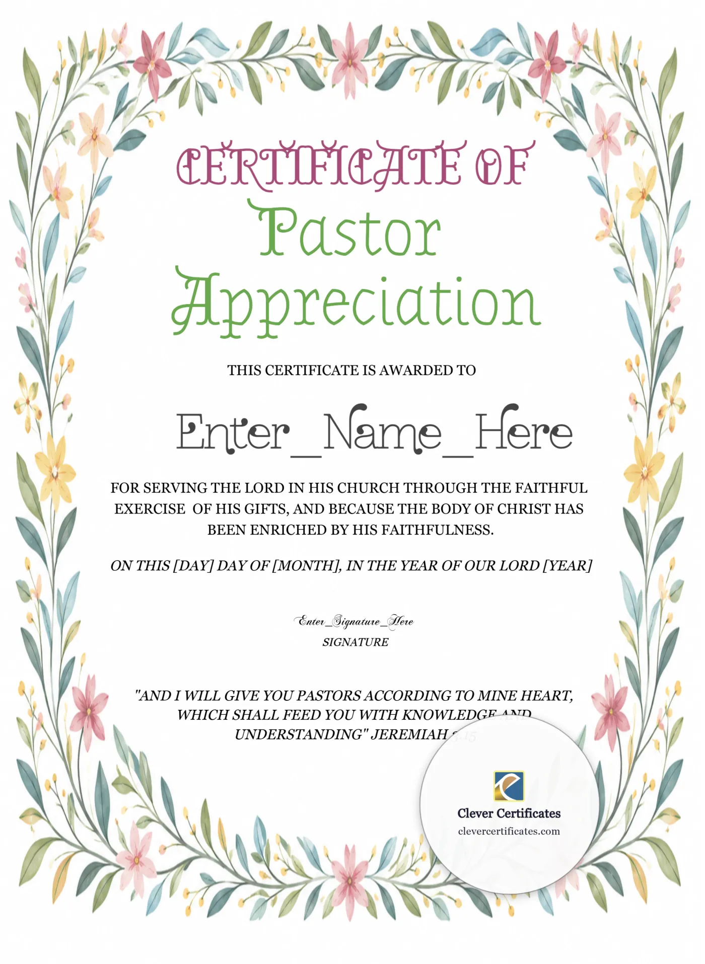 Pastor Appreciation Month Certificate Portrait — Certificate Template Preview