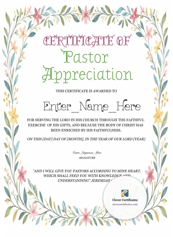 Free Pastor Appreciation Certificate — Watercolor Wildflowers Portrait