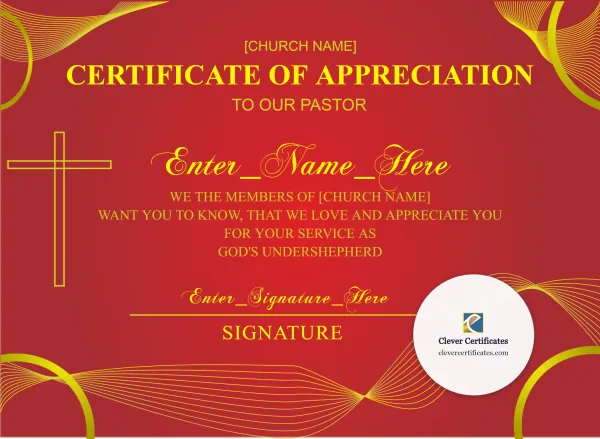 Free Pastor Appreciation Certificate — Red and Gold Cross Landscape