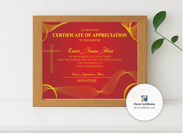 Realistic mockup featuring Pastor Appreciation Month Certificate Landscape displayed within a modern frame, set against a minimalistic background.
