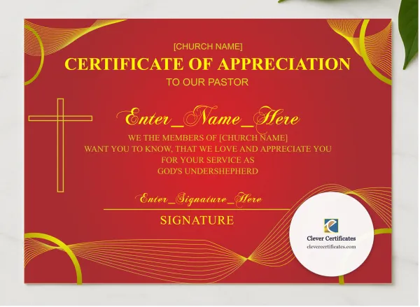 Pastor Appreciation Month Certificate Landscape presented in a sleek wooden frame, elegantly arranged on a stylish table.