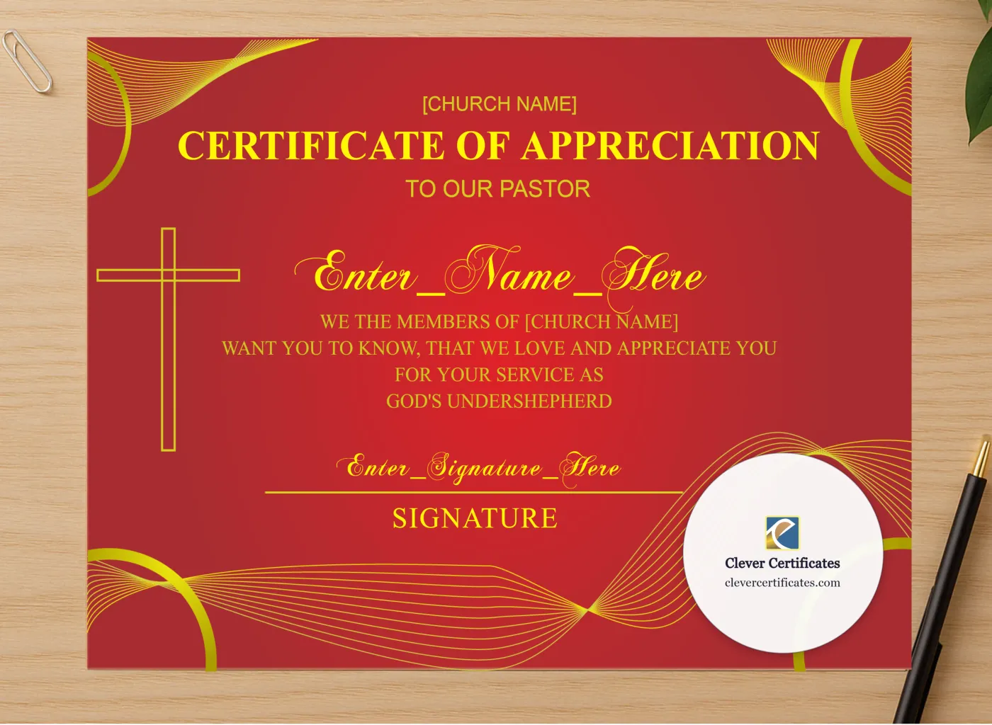 Professional preview of Pastor Appreciation Month Certificate Landscape certificate on high-quality stationery paper, ideal for showcasing the final look.