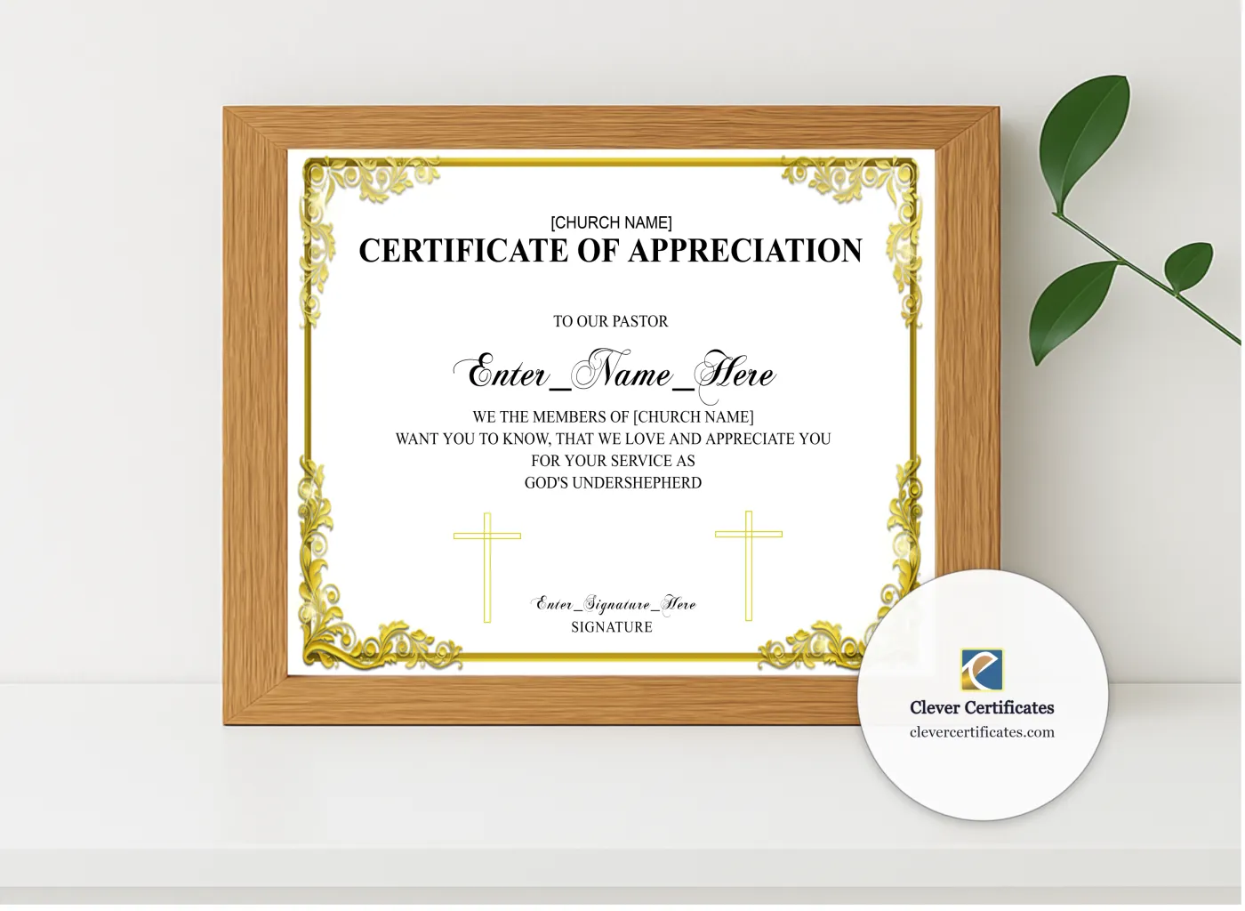 Realistic mockup featuring Certificate Of Appreciation For Pastor Gold Landscape displayed within a modern frame, set against a minimalistic background.