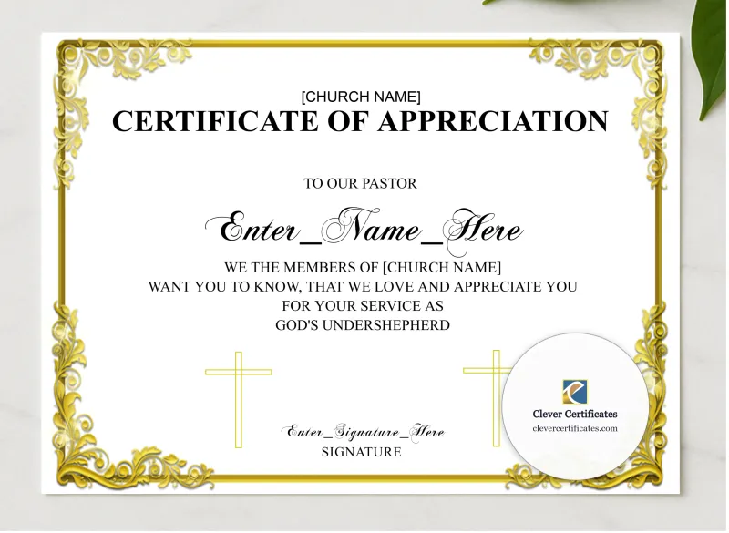 Certificate Of Appreciation For Pastor Gold Landscape presented in a sleek wooden frame, elegantly arranged on a stylish table.